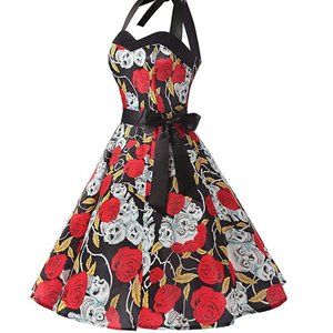 Rockabilly skull rose retro pinup cocktail dress corset lace back full skirt XS